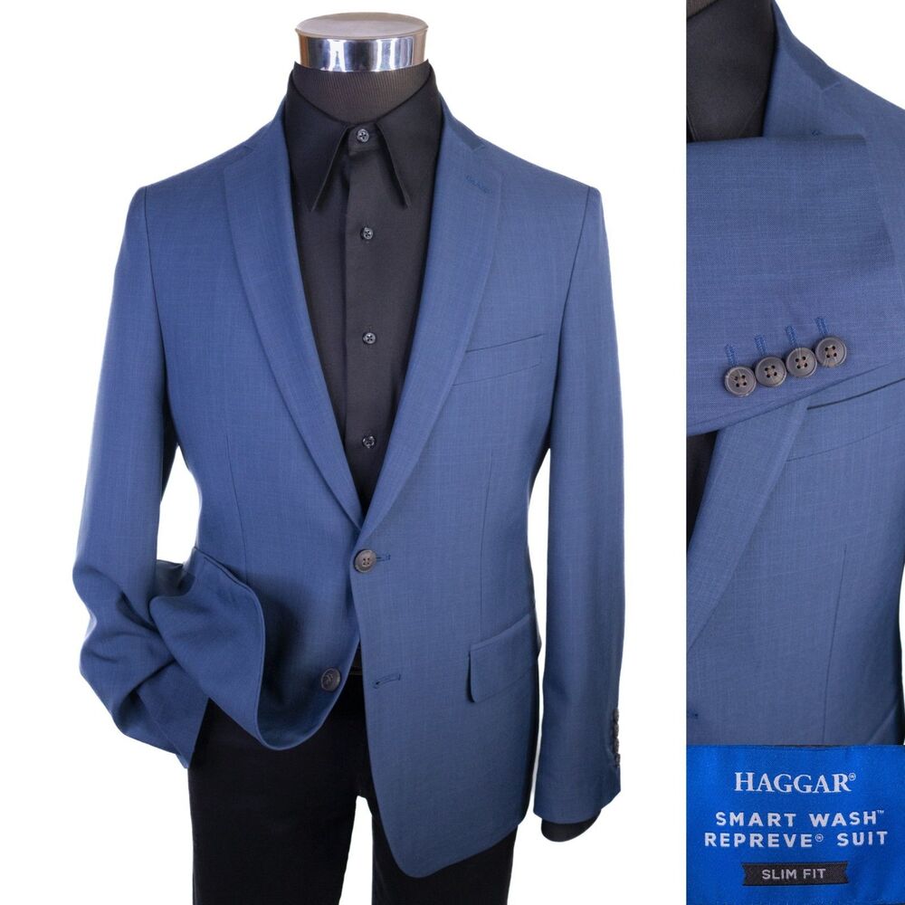 Haggar Smart Wash Repreve Jacket Sport Coat Blazer Sz 40R Solid Blue Poly Blend